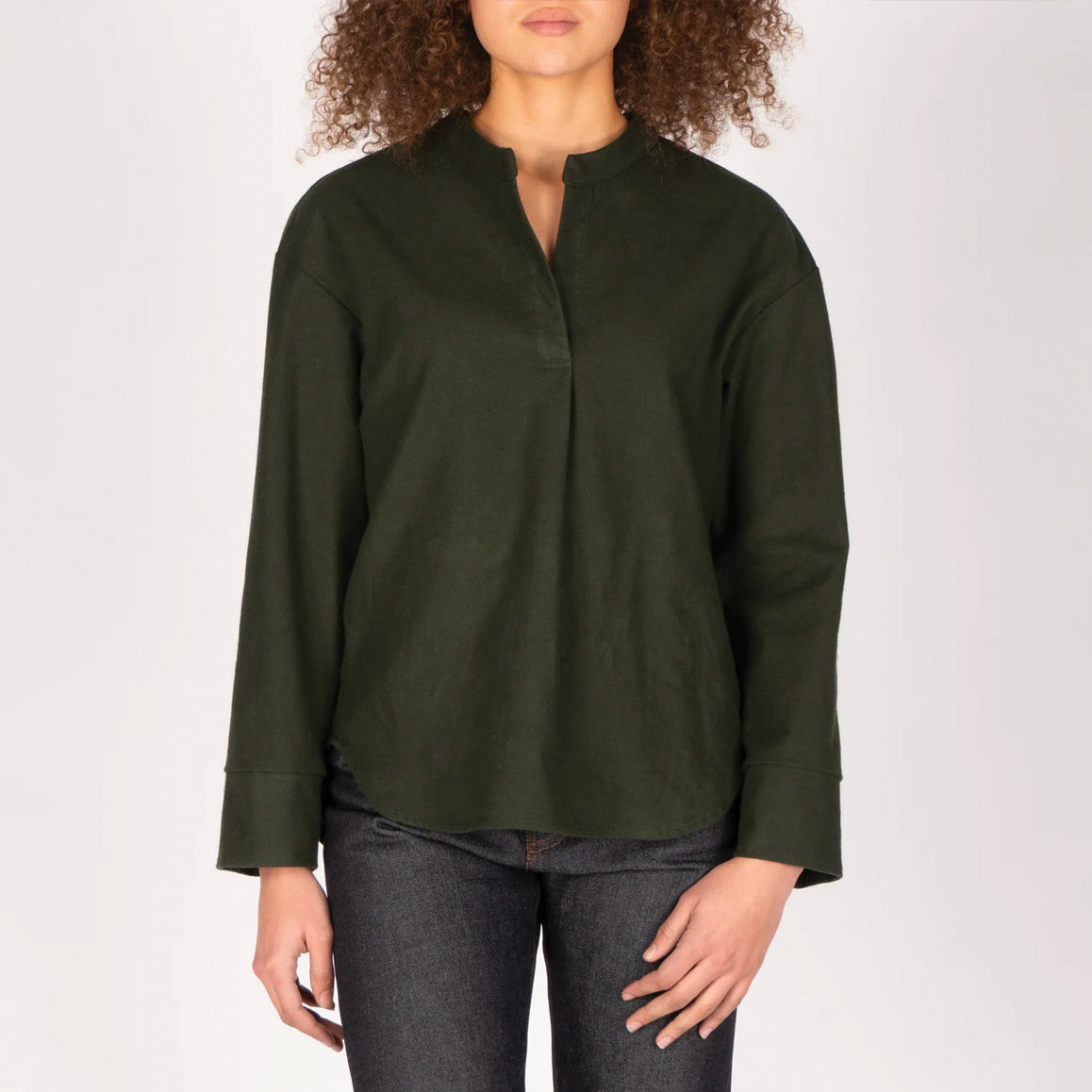 Women's Band Collar Shirt - Cotton Yarn Dyed Flannel - Forest