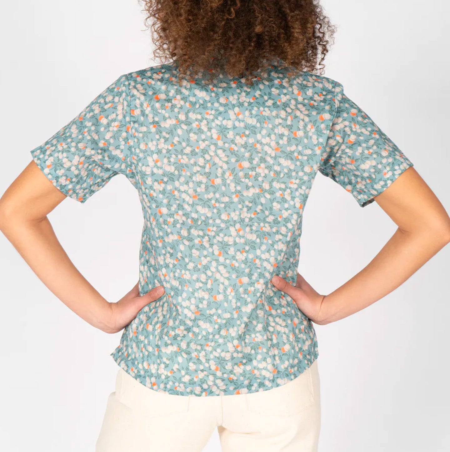 Women's Camp Collar Shirt - Fruit Print - Cyan