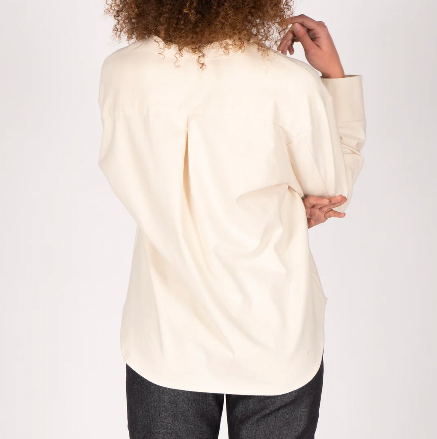 Women's Band Collar Shirt - Cotton Yarn Dyed Flannel - Bone