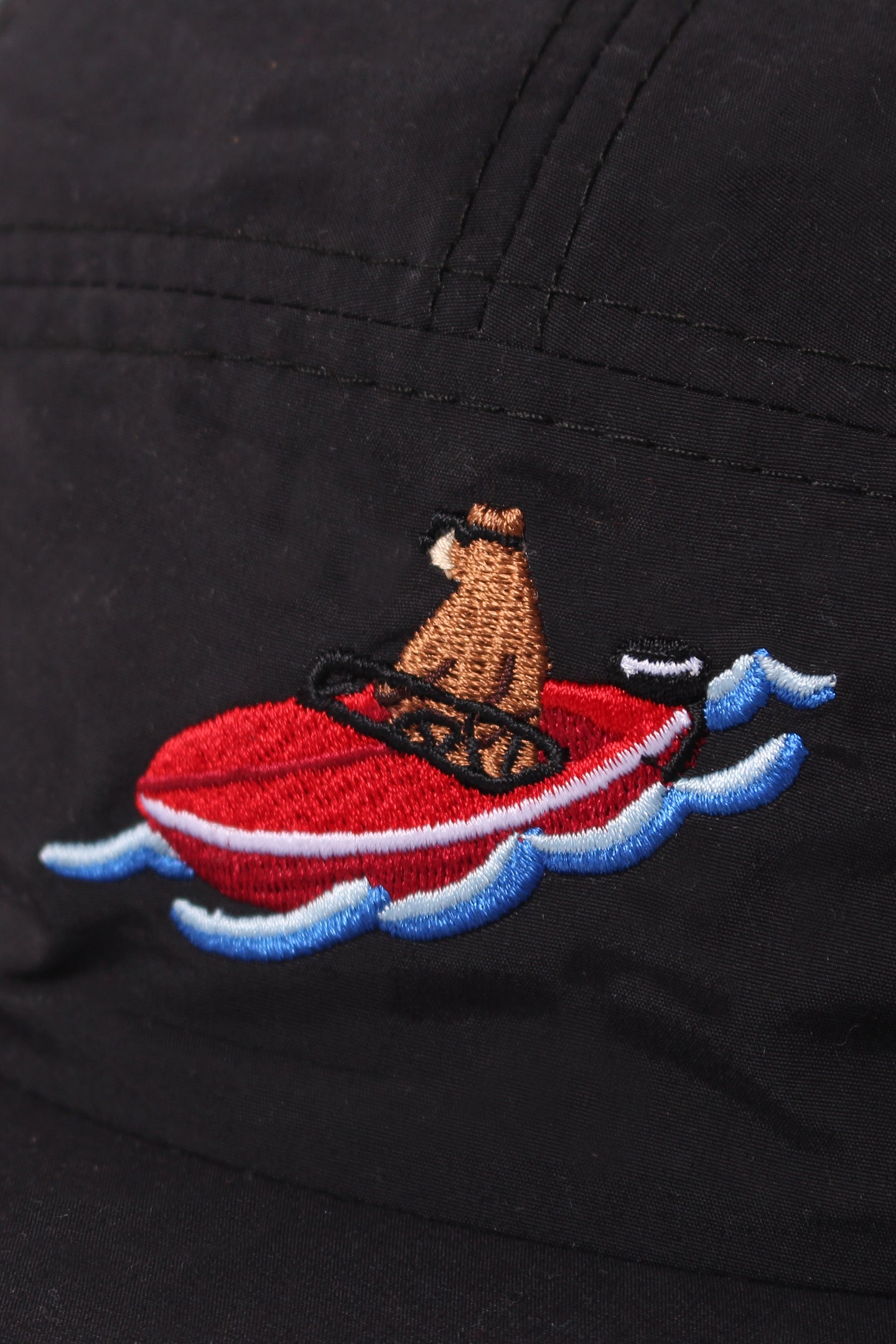 5 Panel - Black Nylon - Boat Bear Embroidery