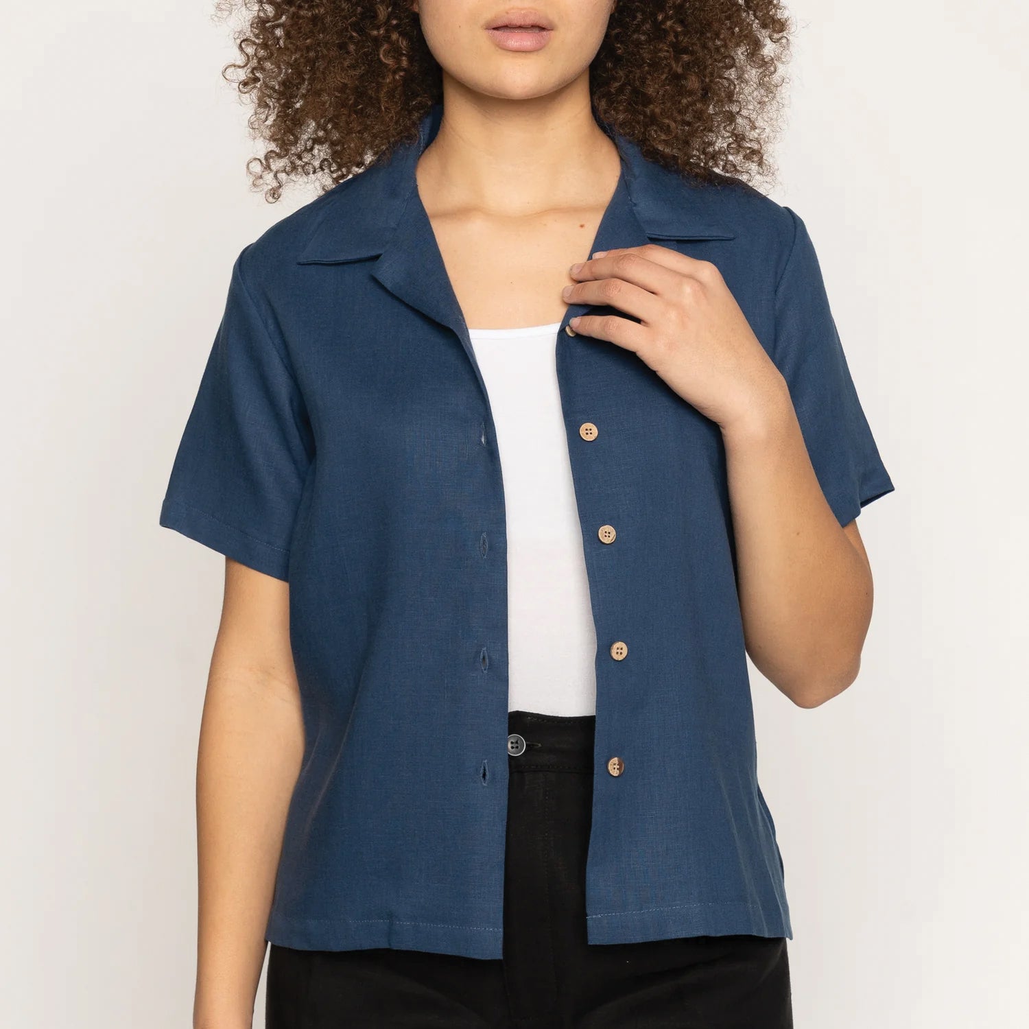 Women's Camp Collar Shirt - French Linen Fine Canvas - Blue
