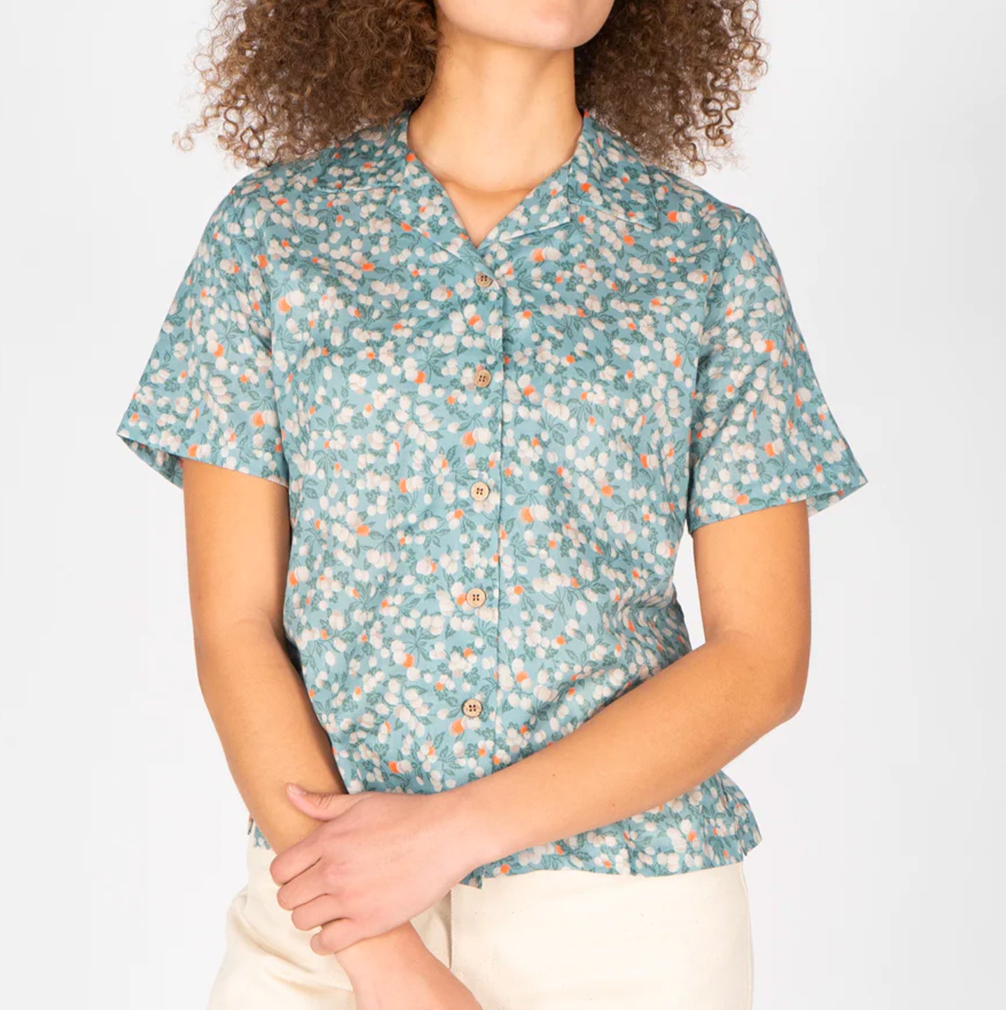 Women's Camp Collar Shirt - Fruit Print - Cyan